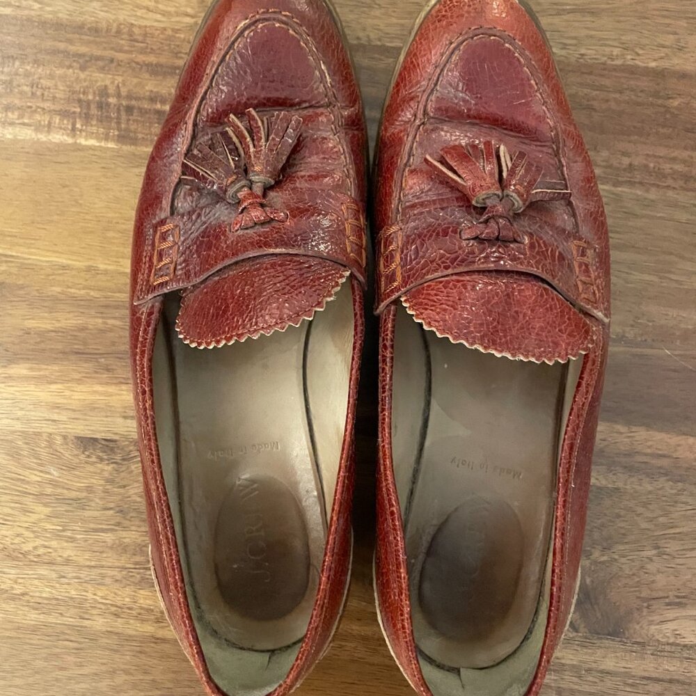 J. Crew Tassel Crocodile-Embossed Leather Loafer, Burgundy